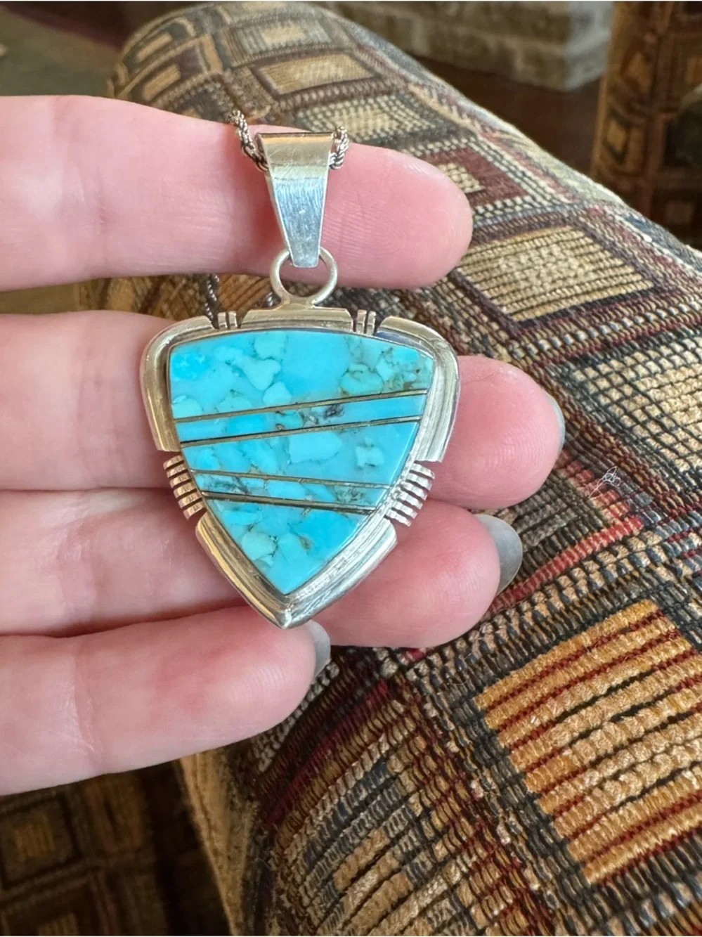 💥 For Traci! Navajo Artisan Steve Francisco 925 Turquoise Inlay Pendant Necklace - Picture 15 of 16